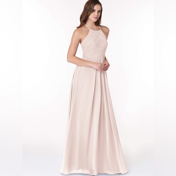 NWT Azazie Ginger A-Line Halter Pleated Chiffon Floor Length Dress Pearl Pink 4 - Picture 1 of 12